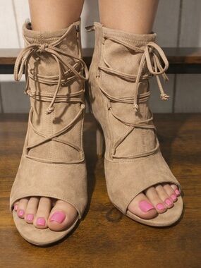 G.I.L.I. Karina Peep-toe Booties, Size 8 camel, faux suede, heels